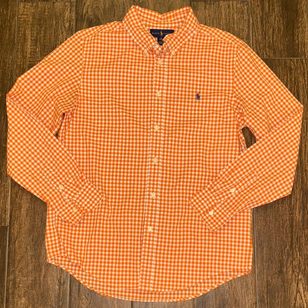 Polo Ralph Lauren Boys XL 18-20 Orange Gingham Button Down Pony Shirt